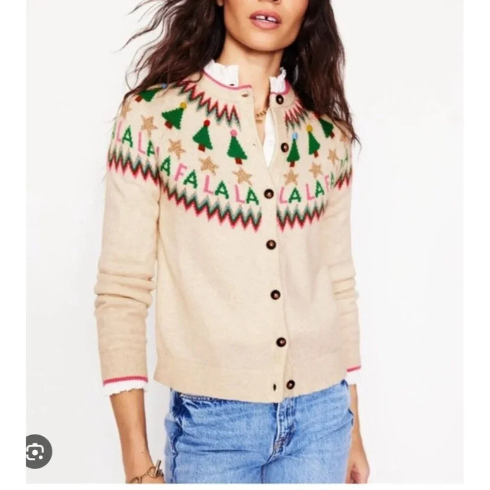 New Boden Edie Fair Isle Alpaca Blend Holiday Cardigan Sweater Cream S MSRP$150 - Picture 1 of 13
